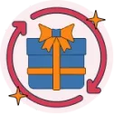 En blå presentbox omgiven av röda pilar i en cirkelrörelse som symboliserar en återkommande bonus.