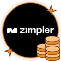 Zimpler-logotypen på en svart bakgrund bredvid tre staplar med guldmynt.