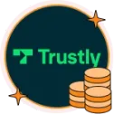 Trustly-logotypen på en mörk bakgrund bredvid tre staplar med guldmynt.