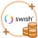 Swish-logotypen i färg bredvid tre staplar med guldmynt.