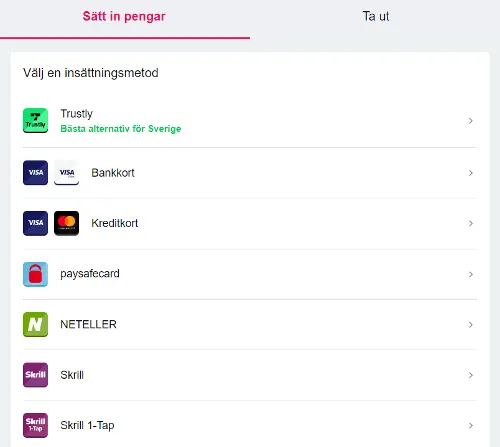 Lista för betalningsmetoder på Spin Casino