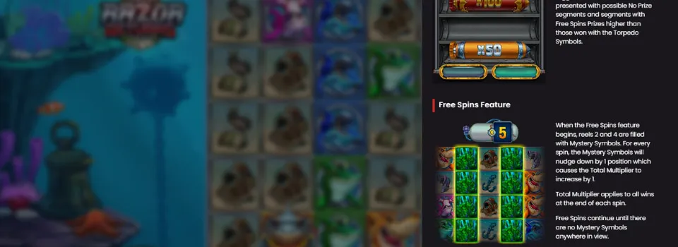 Skärmdump av spelautomaten "Razor Returns" med förklaring av free spins funktionen.