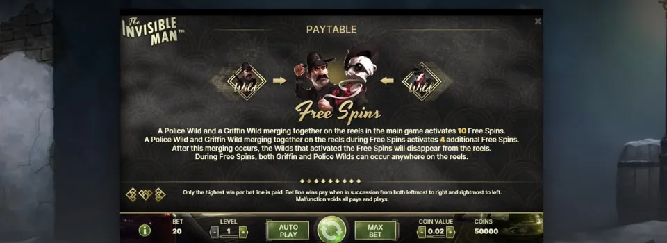 Skärmdump av spelautomaten The Invisible Man vinsttabell med free spins-symbolen.