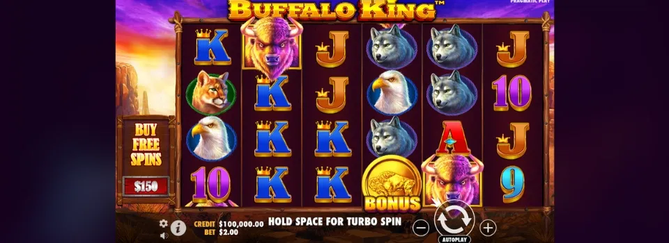 En skärmdump av Buffalo King slotshjul som innehåller bokstäver, fåglar, räv, och en buffalo.