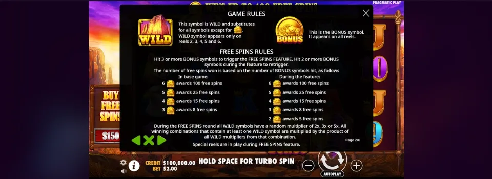 En skärmdump av Buffalo King spelregler med regler för wilds och free spins.
