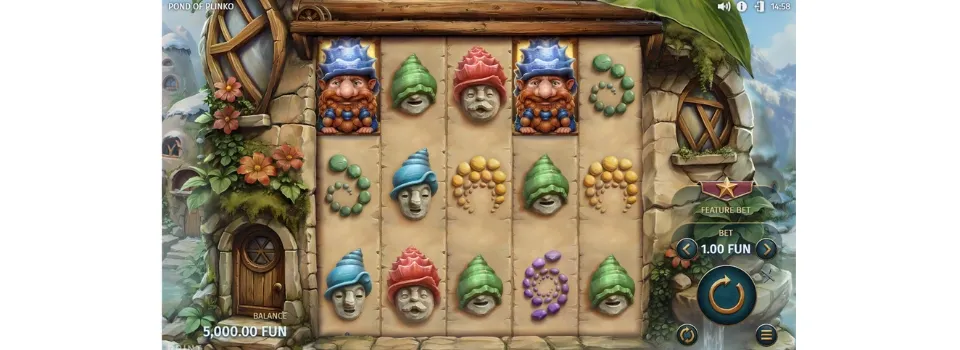 Skärmdump av Pond of plinko spelplan som ser ut som ett hus inbyggt i ett berg med symboler.