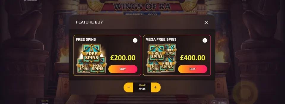 Skärmdump av Wings of ra megaways köpbonus funktion med free spins och mega free spins.