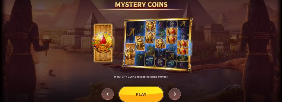 Skärmdump på Wings of ra megaways mystery coins symbol och en spelknapp.