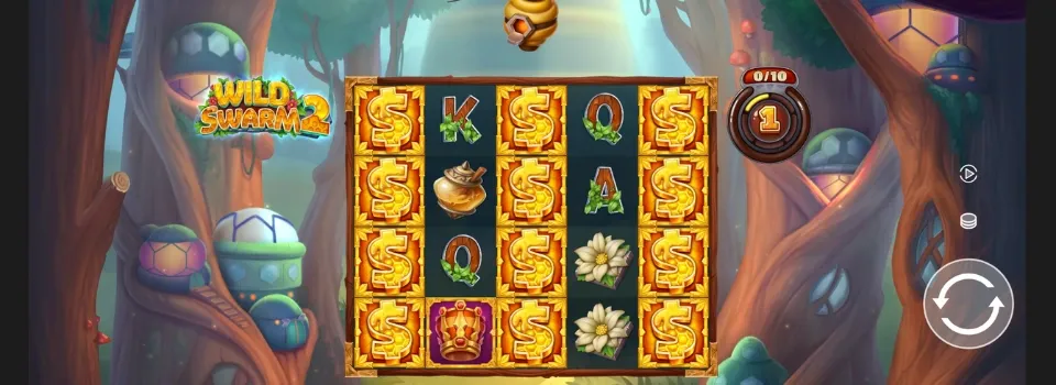 En skärmdump av Wild Swarm 2 slot med träd, hus och ett rutnät.