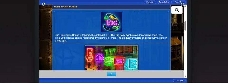 En skärmdump av The Big Easy slot free spins funktion.