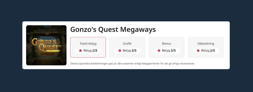 Betyg för varje kriterie i slots
