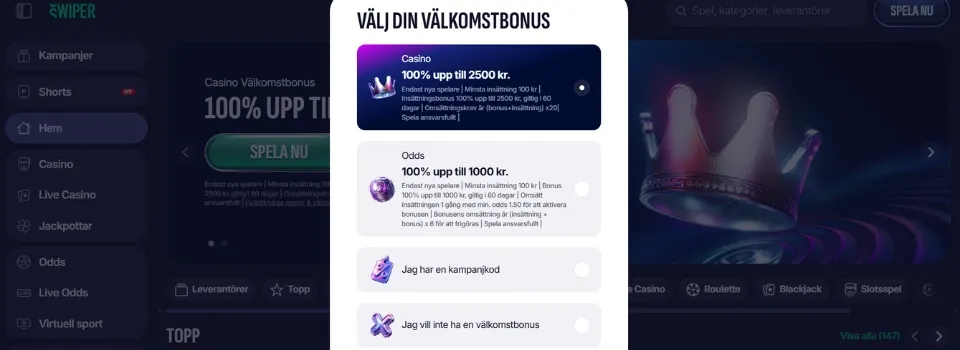 Välj bonus hos Swiper Casino vid insättning