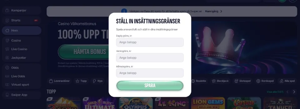 Ställ in insättningsgräns hos Swiper Casino