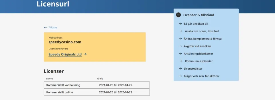 Speedy Casino licens hos Spelinspektionen