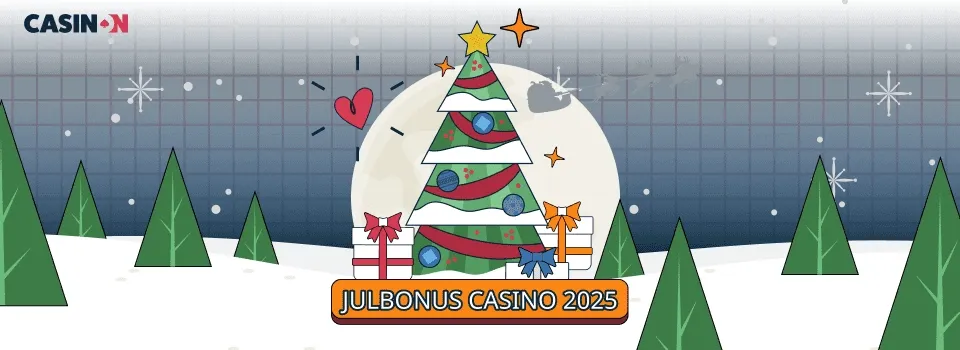 Juldekorerad bild med en snötäckt julgran, julklappar och texten "JULBONUS CASINO 2025"
