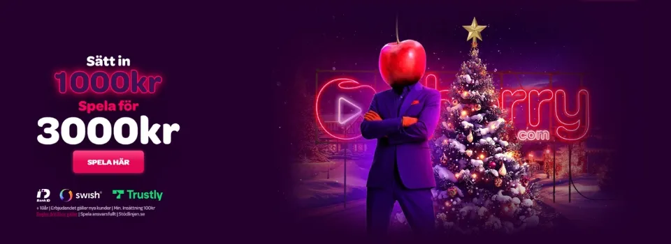 Cherry.com julbanner med en man i kostym med ett körsbär som huvud framför en julgran.