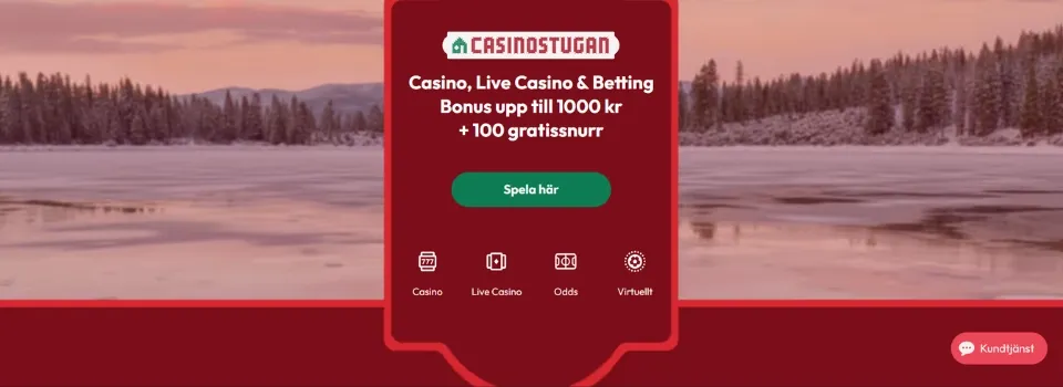 Casinostugan julbanner med en frusen sjö och snötäckta träd i bakgrunden.