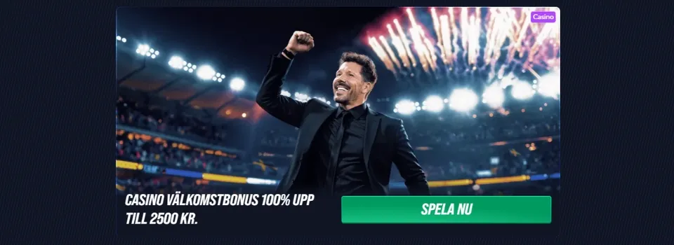 "Betinia Casino välkomstbonusbanner med en man i kostym som jublar på en fullsatt idrottsarena.