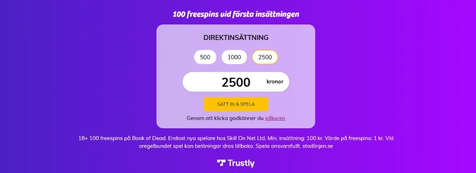 PlayOJO Casino insättningsformulär som erbjuder 100 freespins vid första insättningen