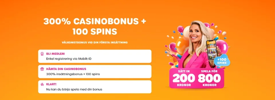 Lyllo Casino välkomstbonusbanner med en kvinna i rosa kavaj.