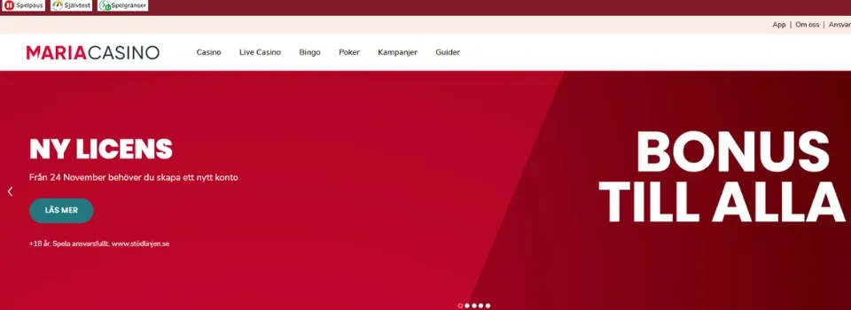 Skärmdump av Maria Casinos banner för en ny licens och bonus.