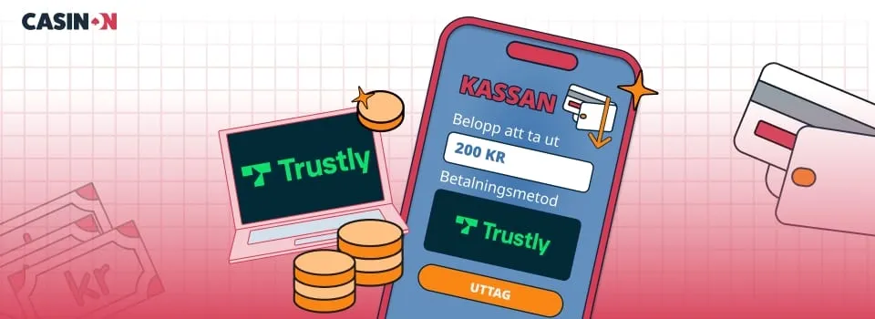 Mobilskärm som visar ett Trustly-uttag på 200 kr från casinokassan.