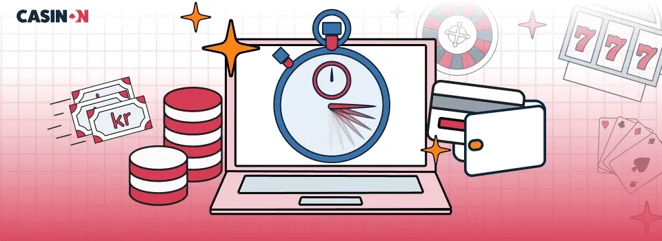 Bild på en dator med ett stoppur, spelmarker, sedlar och betalkort.