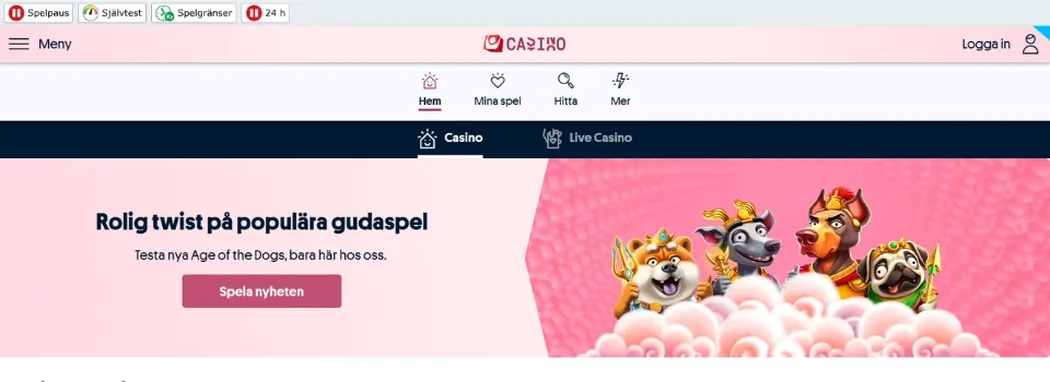 Svenska Spel Casinos hemsida med knappar för Spelpaus och reklam för slotten Age of the Dogs.