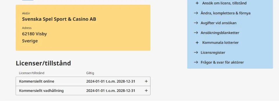 Licensinfo för Svenska Spel Sport & Casino AB från Spelinspektionen gällande onlinespel.