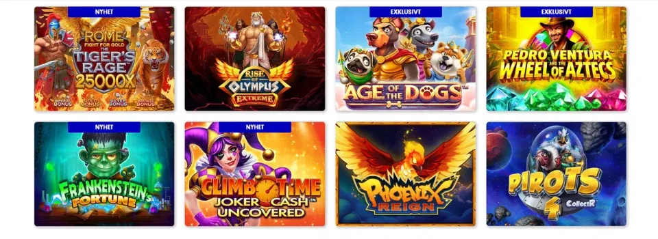 Översikt över casinospel på Svenska Spel, inklusive "Rome Fight for Gold", "Rise of Olympus" och "Age of the Dogs".