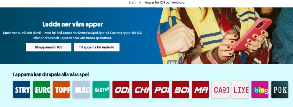 Svenska Spels sida för mobilappar med länkar till iOS och Android samt olika spelkategorier.