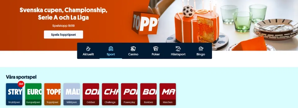 Svenska Spels startsida för sportspel med Topptipset och andra populära spelformer.