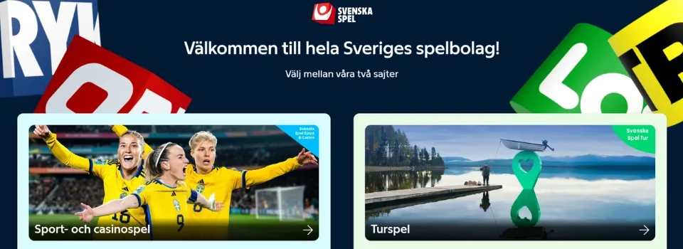 Välkomstsida hos Svenska Spel med val mellan Sport- och casinospel eller Turspel.