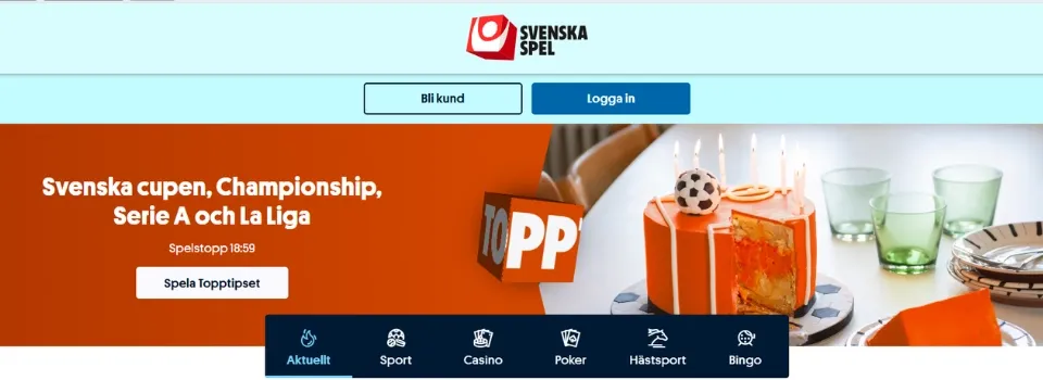 Startsida för Svenska Spel med huvudmenyn för Sport, Casino, Poker, Hästsport och Bingo.