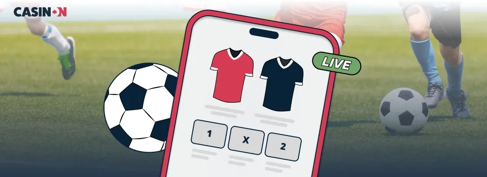 Mobilskärm som visar liveodds (1X2) för fotboll med matchtröjor mot en bakgrund av en fotbollsmatch.