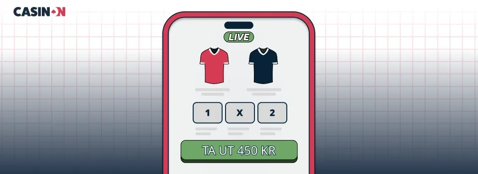 Mobilskärm som visar livebetting (1X2) och en grön cash out-knapp för att ta ut 450 kr.