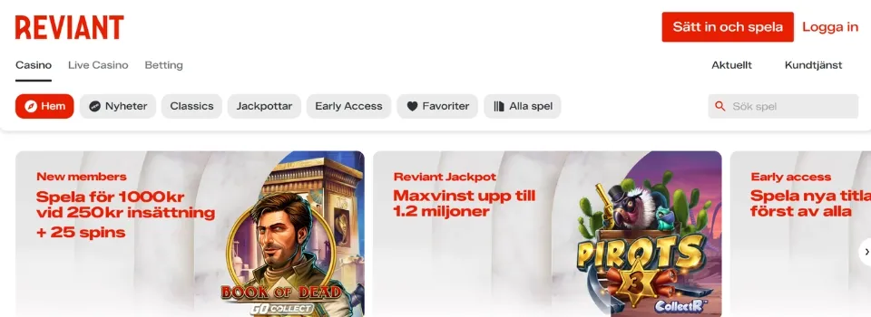 Skärmavbild av Reviant Casinos webbplats med välkomstbonusar, spelutbud och sökfält.