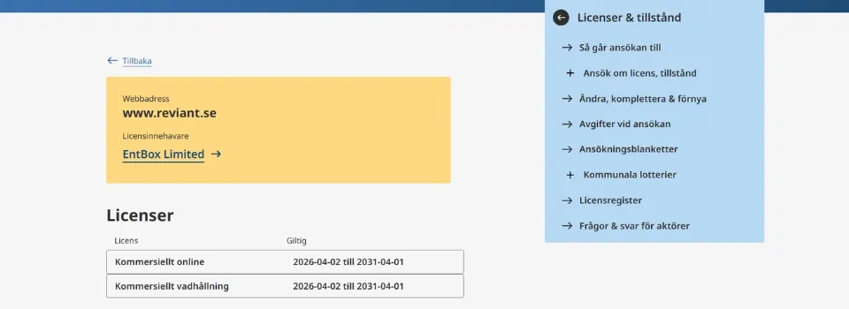 Bekräftelse på Reviant Casinos svenska licens hos Spelinspektionen för EntBox Limited.