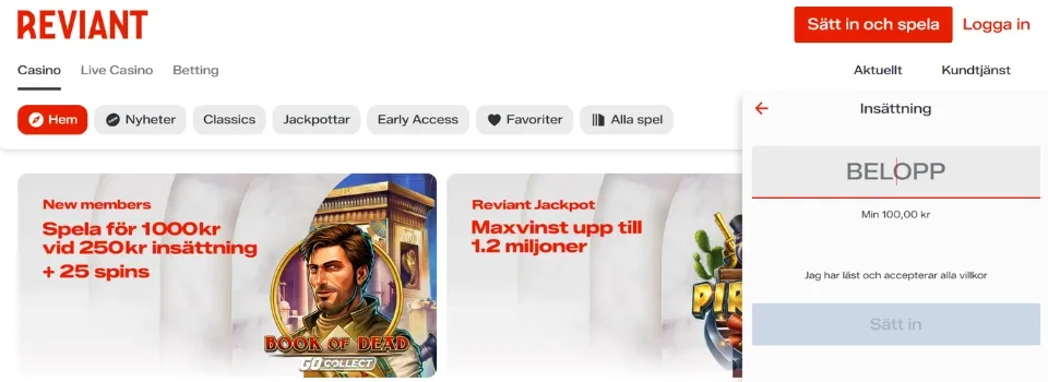 Insättningsvyn på Reviant Casino där spelare väljer belopp för att börja spela med BankID.