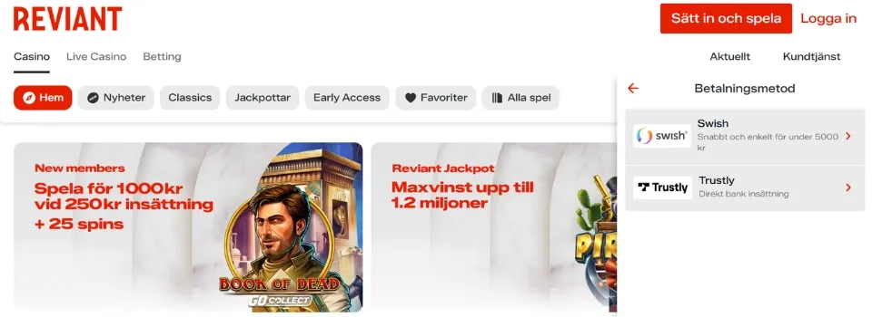 Val av betalningsmetod hos Reviant Casino med alternativen Swish och Trustly.