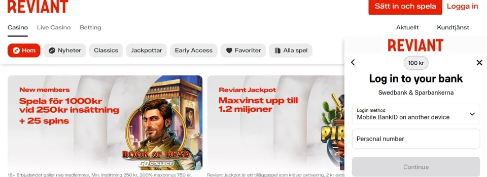 Inloggningsfönster hos Reviant via Trustly för verifiering med Mobilt BankID.