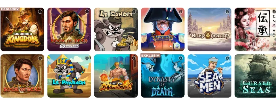 Översikt av rekommenderade spelautomater hos Reviant Casino, inklusive Book of Dead och Le Bandit.