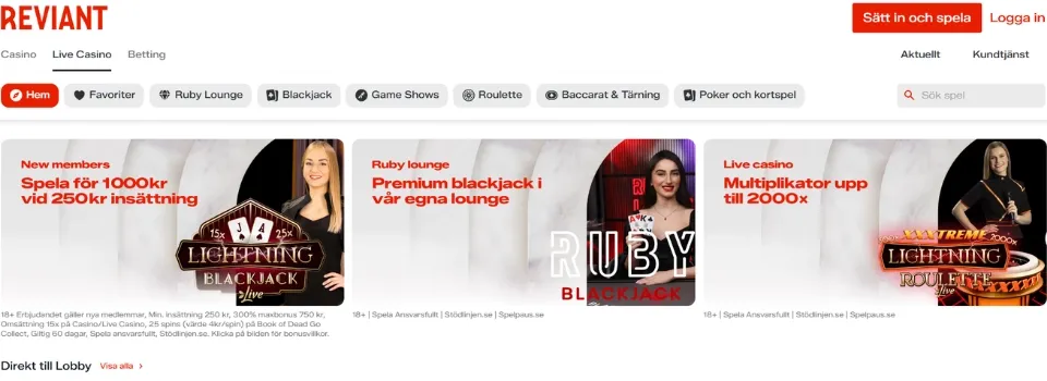 Live casino-sektionen hos Reviant med Ruby Lounge, Blackjack och Roulette.