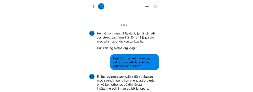 Chatt med Reviants AI-assistent om regler för välkomstbonus och insättning.