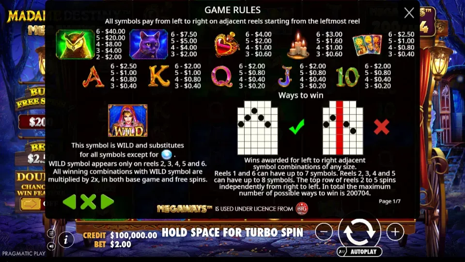 Madame Destiny Megaways symboler och utbetalningar