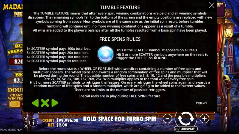 Madame Destiny Megaways free spins funktion