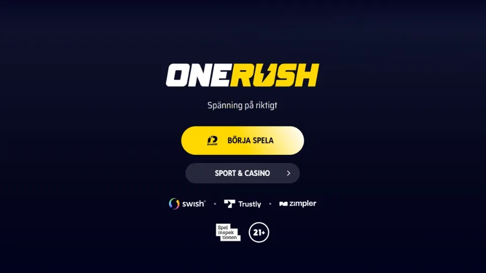 Onerush Casino landningssida med logotyp.