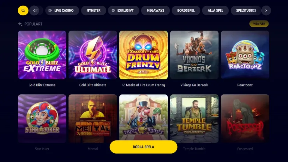 Skärmdump av Onerush Casinos spelobby med populära slots och kategorier.
