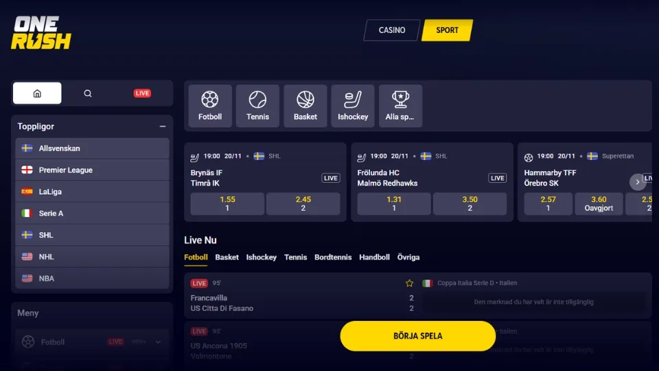 Skärmdump av Onerushs Sportsbetting-lobby.