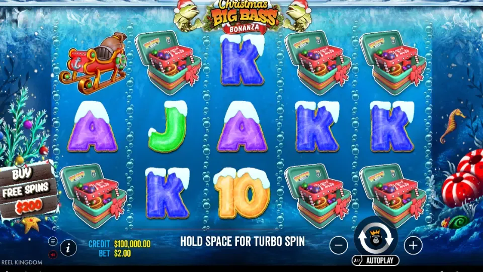 Spelplanen för slotmaskinen Christmas Big Bass Bonanza.